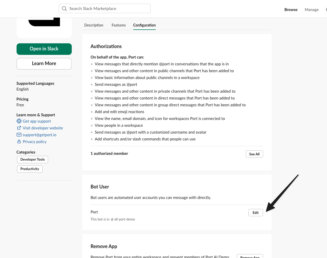 Slack App Configuration Page - Bot User Section